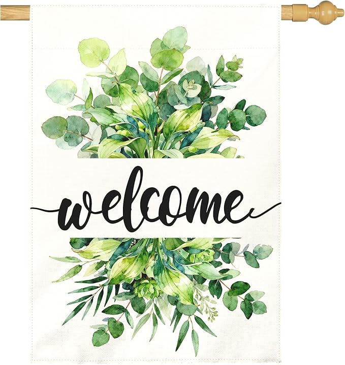 Welcome Garden Flag Spring Large Summer Greenery Watercolor Eucalyptus Leaves House Banner Seasonal Rustic Farmhouse Hosta Fragrant Plantain Yard Flags for Porch Patio Home Decor 28 x 40 Inch