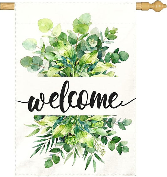 Welcome Garden Flag Spring Large Summer Greenery Watercolor Eucalyptus Leaves House Banner Seasonal Rustic Farmhouse Hosta Fragrant Plantain Yard Flags for Porch Patio Home Decor 28 x 40 Inch