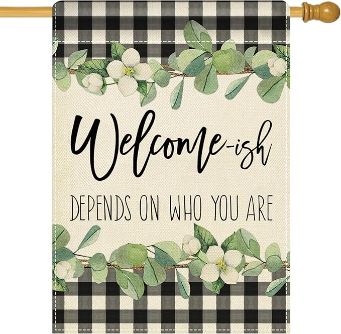 Artofy Welcome-ish Depends on Who You Are Large Decorative House Flag, Funny Family Buffalo Plaid Botanical Yard Garden Outside Decor, Humorous Burlap Outdoor Home Decoration Double Sided 28 x 40