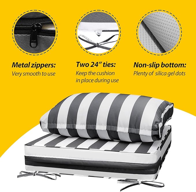AAAAAcessories Outdoor Seat Cushions for Chairs, Fade-Resistant, Waterproof Patio Furniture Replacement Cushions, 24" x 24" x 5" + 24" x 13.5", Gray Cabana Stripe