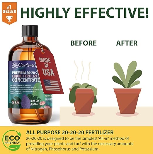Gardenera Premium All-Purpose 20-20-20 Liquid Fertlizer - 𝐂𝐎𝐍𝐂𝐄𝐍𝐓𝐑𝐀𝐓𝐄 - Increases Flowering and Yield on All Varieties of Fruits, Vegetables and Flowers| Liquid Plant Superfood (32 OZ)