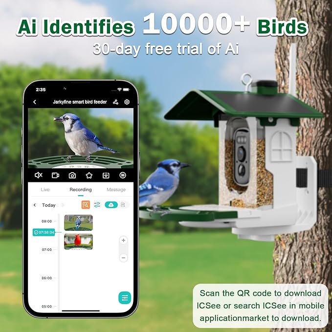 Smart Bird Feeder with Camera Solar Powered - AI Bird Identification, Instant Arrival Alerts, 2.4Ghz WiFi, 3MP HD Video, IP65 Weatherproof Design, Gifts for Mom Dad Birdlovers, Green