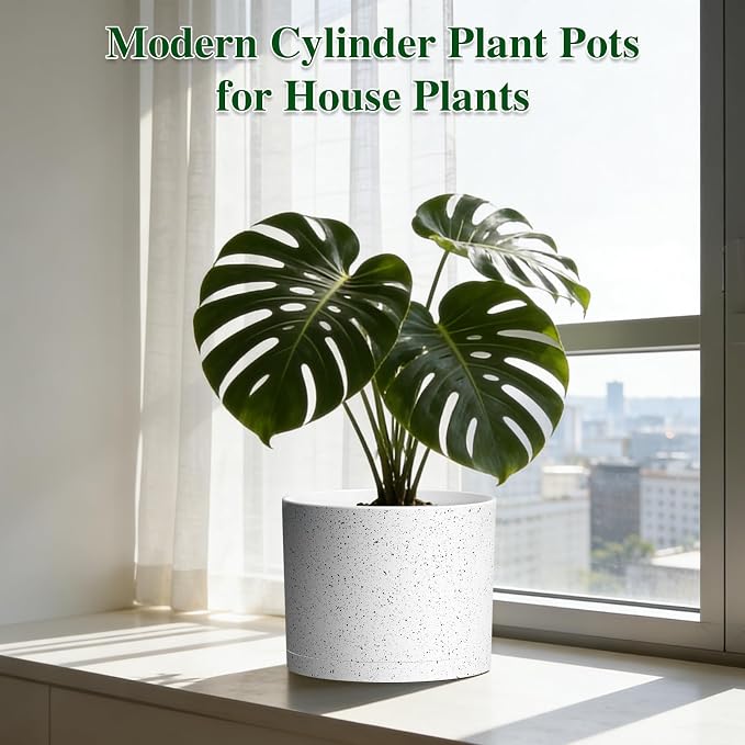 Plant Pots, 10/9/8 Inch 3 Pack Cylindrical Flower Pots with Drainage Holes and Saucers, Plastic Planters for Outdoor Indoor Plants,White with Black Speckles