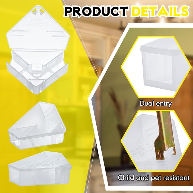 Qualirey 4 Pcs Mice Station with Key Triangle Mouse Station Lockable Reusable Bait Box, Enclosed Design for Indoor and Outdoor Use, Suitable for Small Mice (Translucent)