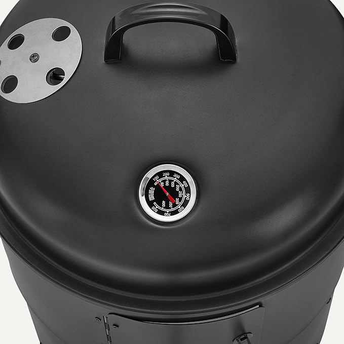 Amazon Basics 16 inch Vertical Charcoal Outdoor Smoker, BBQ Grill, with Built-in Thermometer, 2-Layer Design, Adjustable Air Supply Control, Black