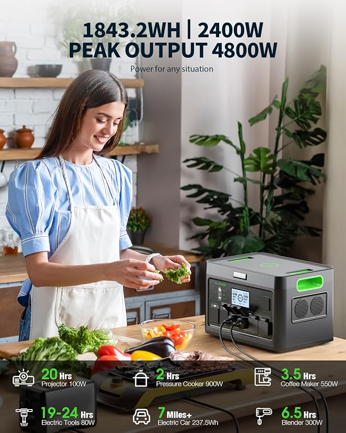 2400W Portable Power Station 1843Wh Solar Generator LiFePO4 Battery Power Bank Station PD100W USB-C & 4 AC Outlets for RV Camping Home Emergency UPS Backup