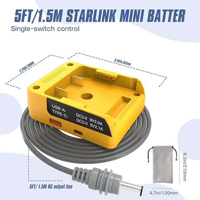 Deckit Starlink Mini Battery Adapter, Compatible with DeWalt 20V MAX Battery, Portable Off-Grid Power Converter w/Switch, Low Voltage Protection & Multi-Port, 5FT DC Cable & Bag