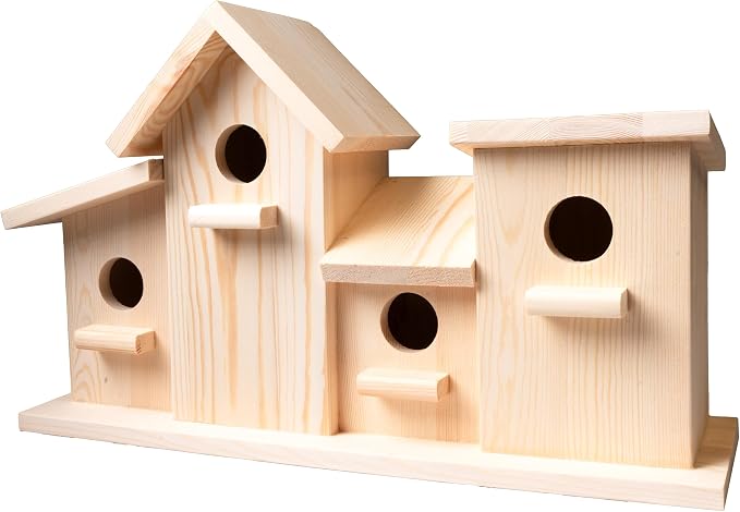 23 Bees 4 Hole Bird House for Outdoors/Indoors, Hanging Kit for Kids & Adults, Decorative Feeder for Bluebirds, Wrens & Chickadees, All-Weather Home Decoration (Wood, 4 Houses)