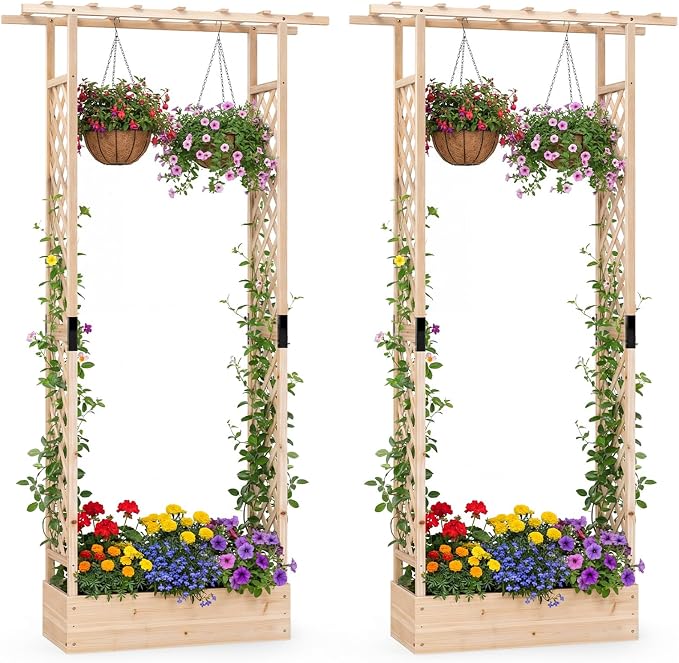 HAPPYGRILL 89" Raised Garden Bed with Trellis & Hanging Roof, Wooden Planter Box with 4 Drainage Holes, Outdoor Wood Elevated Garden Bed for Climbing Plants Vines Vegetables Flowers (Natural,2)