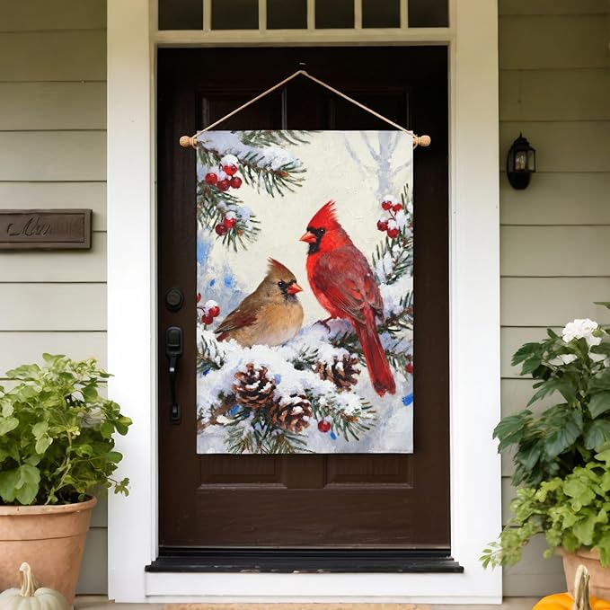 Winter Cardinal House Flag 28x40 Inch Pinecone Holly Christmas Snow Scene Holiday Decorative Garden Flags for Outside Double Sided Seasonal Outdoor Home Farmhouse Decoration Yard Porch Decor