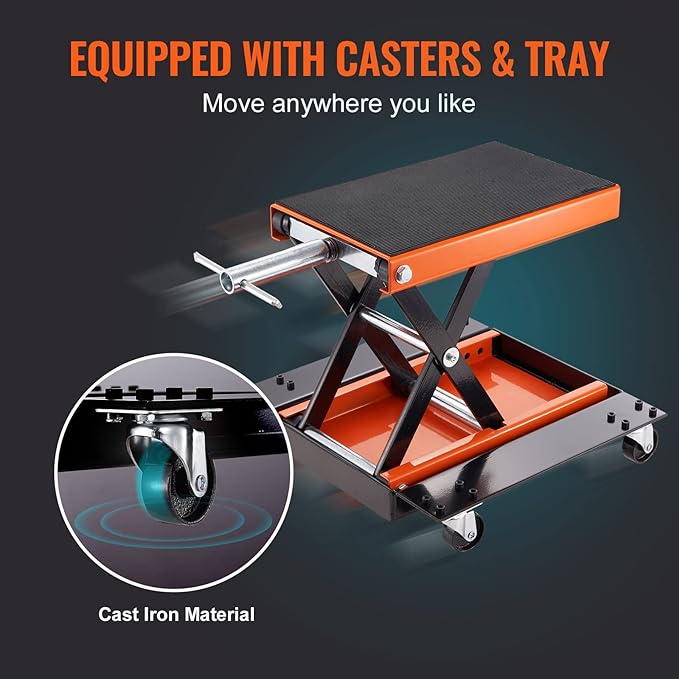 VEVOR Motorcycle Lift, 1100 LBS Motorcycle Lift ATV Scissor Lift Jack with Dolly & Hand Crank, Center Hoist Crank Stand with Wide Deck & Tool Tray for Street Bikes, Cruiser Bikes, Touring Motorcycles
