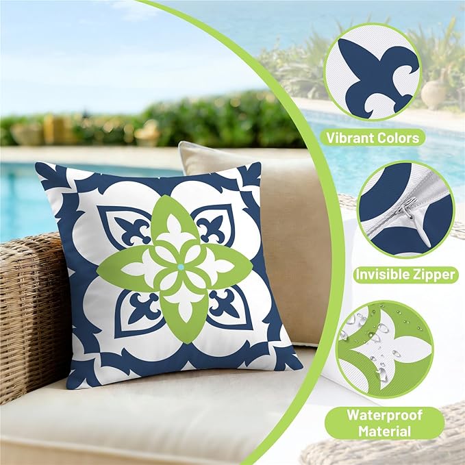 NIGHTWISH Outdoor Waterproof Pillow Covers 18x18 Set of 4 Green Boho Decorative Throw Pillows Floral Cushion Cases for Patio Furniture Bench Couch Sunbrella