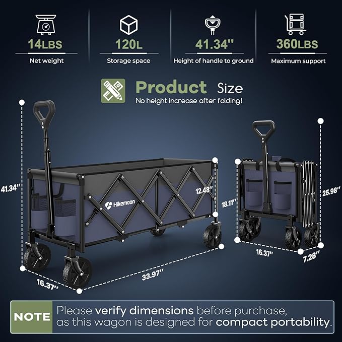Hikemoon 34'' Extra Long Collapsible Wagons Carts Foldable, 360LBS Heavy Duty Folding Beach Wagon Cart with Wheels, Portable Utility Outdoor Wagon for Grocery, Shopping, Garden, Sports, Purple