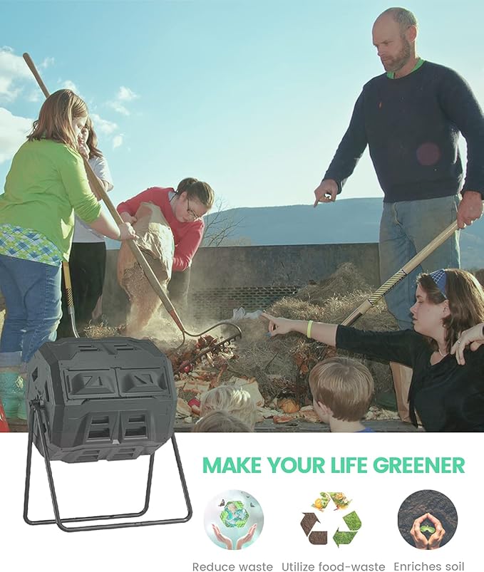 EJWOX 43 Gallon Dual Chamber Tumbling Composter with Integrated Thermometer - Rotatable Outdoor Compost Bin, Dual Batch Design for Garden Waste, Black