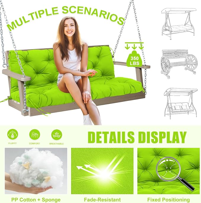 Porch Swing Cushions Outdoor 60 inch x 40 Waterproof Swing Cushions 3 Seater Replacement with Backrest & 8 Ties 5" Thick Bench Swing Cushions for Outdoor Furniture Patio(Grass Green)
