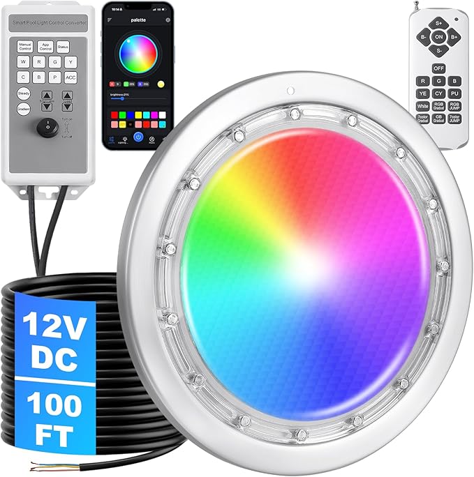Led Pool Lights for Inground Pool, 100FT Cord, 60W 10 Inch Inground Pool Light with Controller, Remote and APP Control, Flush Mount Pool Light Suitable for Most 10 Inch Wet Niche, IP68