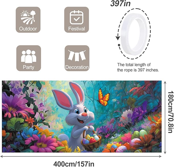 7 * 16FT Summer Garage Door Cover Decorations Sunset Palm Trees Garage Door Banner for Outdoor Indoor Summer Party Photography Backdrop (easter rabbit, 6 * 13 ft)