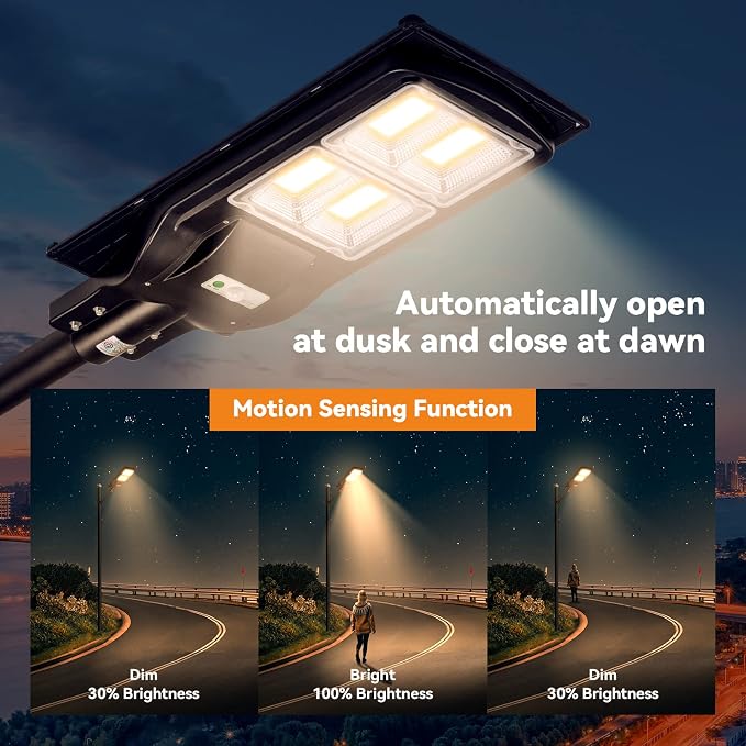 LANGY 3000k Warm White Solar Street Lights Outdoor,Commercial Parking Lot Lights Yellow 180 LEDs Chips Light with Motion Sensor & Dusk to Dawn IP67 with Remote Control for Barn, Yard, Pathway