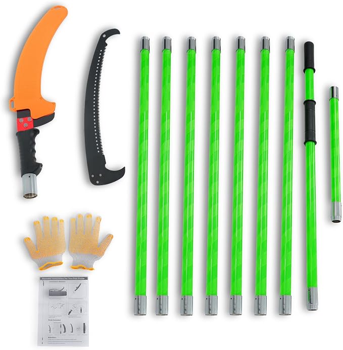 findmall 30ft Manual Pole Saw Extendable Tree Pruner Sharp Steel Blade High Branches Trimming for Pruning Palms and Shrubs with 9 Long Handles No with Scissors Green