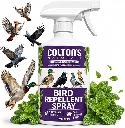 Bird Repellent Spray (32 OZ) Deter Birds from Outdoor Surfaces, Garden Areas Deterrent Natural Woodpecker, Pigeon and More Natural