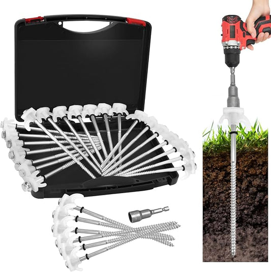12 Pack 8" Heavy Duty Metal Tent Stakes, Screw in Tent Stakes, Ground Anchors for Camping, Canopy, Inflatable, Yard, Glow in The Dark Ground Anchors, Hexagonal Head Drive and Storage Box (White)