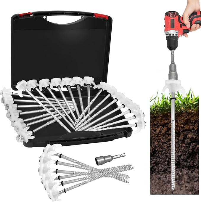 30 Pack 8" Heavy Duty Metal Tent Stakes, Screw in Tent Stakes, Ground Anchors for Camping, Canopy, Inflatable, Yard, Glow in The Dark Ground Anchors, Hexagonal Head Drive and Storage Box (White)