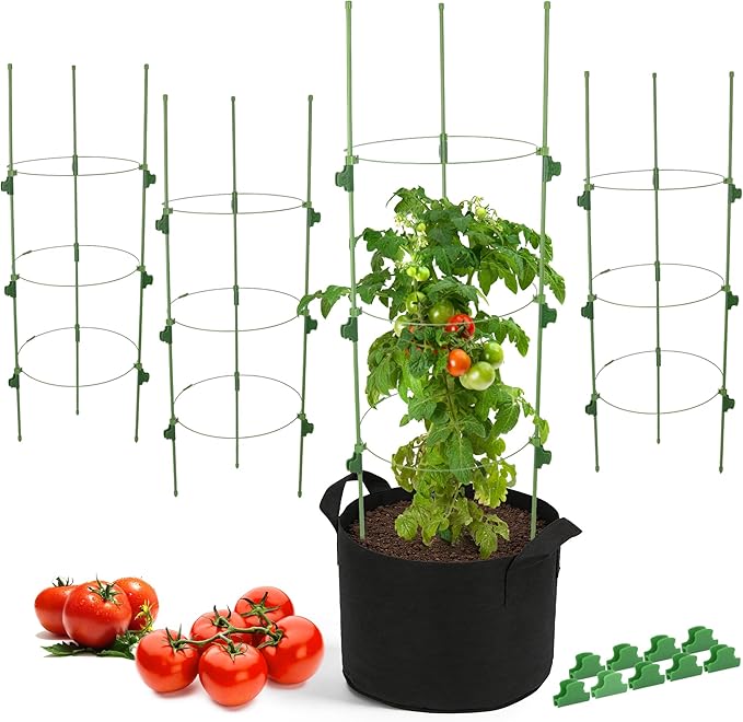 4 Pack 36 Inch Tomato Cages for Pots and Containers, Adjustable Tomato Plant Support with Sliding Clips, Plastic-Coated Metal Tomato Trellis Cage for Patio, Raised Bed & Garden Vegetables