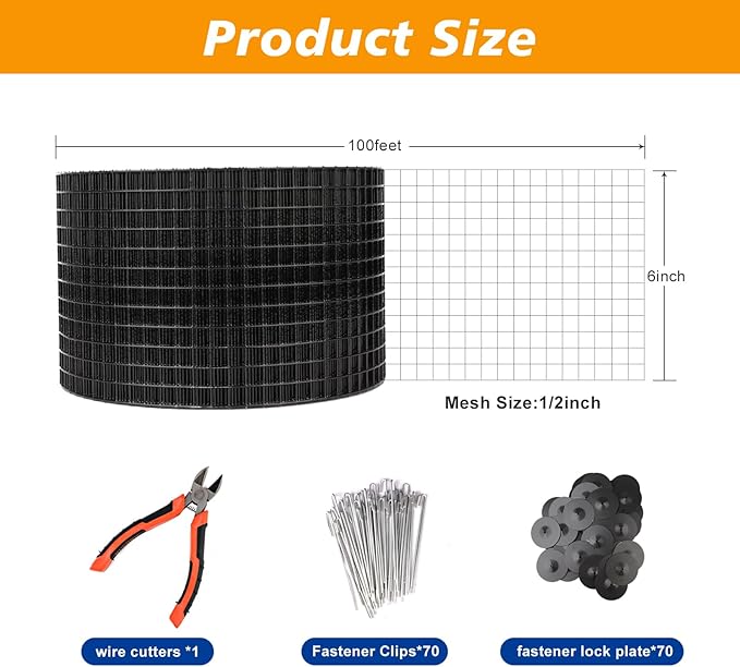 Solar Panel Bird Guard Black PVC1/2 inch 6in * 100FT Anti Bird roll mesh kit with 70 Sets of Fasteners Critter Guard for Solar Panels can Prevent Pigeons Birds from Entering The Interior