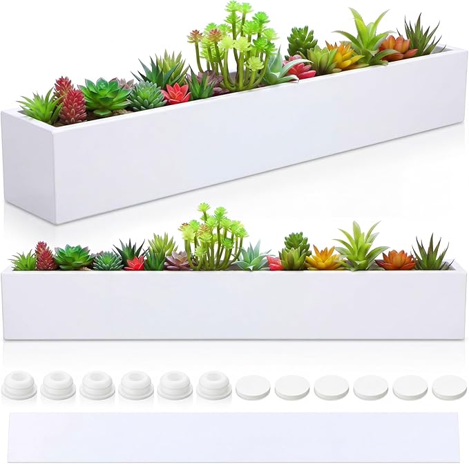FillTouch 2 Pcs Long Rectangular Planter Box Window Sill Plant Box Metal Water Trough Indoor Large Modern Steel with Drainage Holes Herb Garden Home (32 x 3.5 x 3.5 Inch,White)