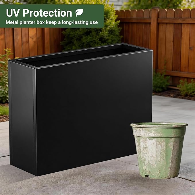 36" Metal Planter Box, Large Rectangular Window Box with Drainage Holes & Rust-Proof Coating, Modern Outdoor/Indoor Flower Box for Balcony, Patio & Herbs, Black