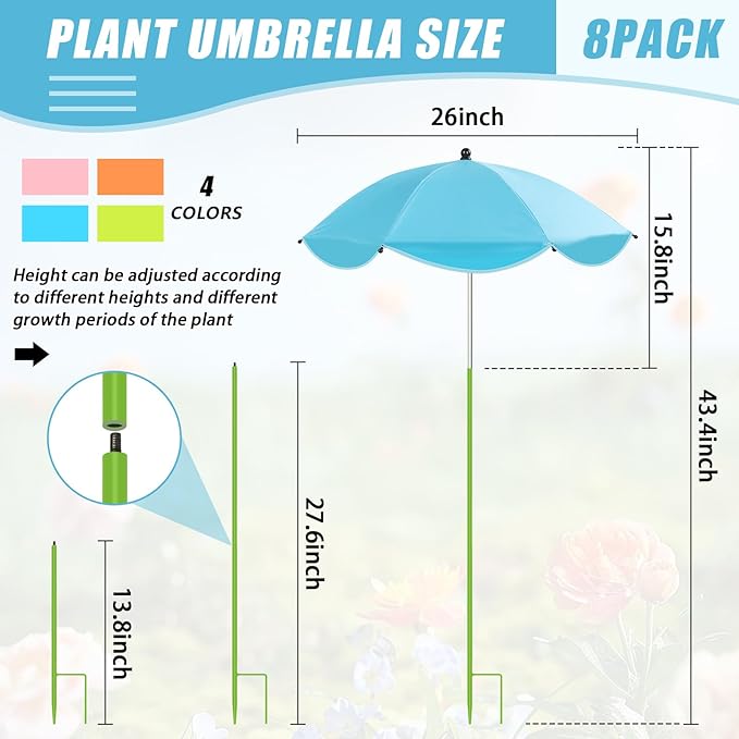 Axcoix 8 Pack Upgraded Plant Umbrellas for Outdoor Plants, 26" Larger Garden Plant Umbrella Shade with Adjustable Angle, 43.4" Higher Sun Shade for Plants, Potted Plant, Garden Beds