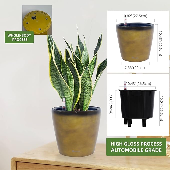 Dexceder 11x10 Self Watering Planter (Yellow Brown Gradient) | Inner Pot Design, Thickened Table Flower Plant Pot with Water Level Indicator Indoor Outdoor