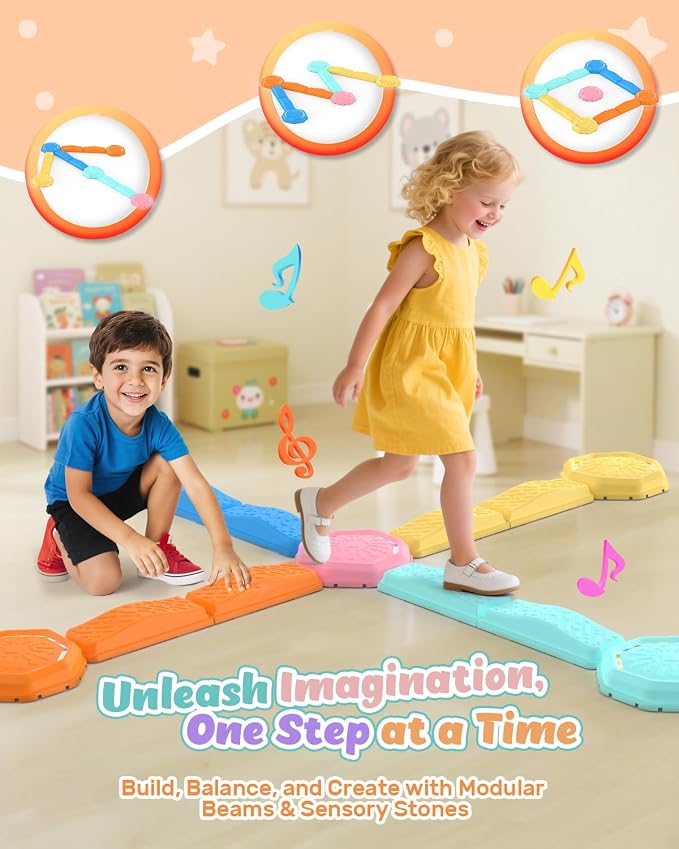 Holyton Balance Beam and Stepping Stones for Kids – 13PCS Light Up & Musical Toddler Balance Beam Obstacle Course, Non-Slip Sensory Toys for Toddlers 3-8, Indoor Outdoor Play, Gift for Boys Girls