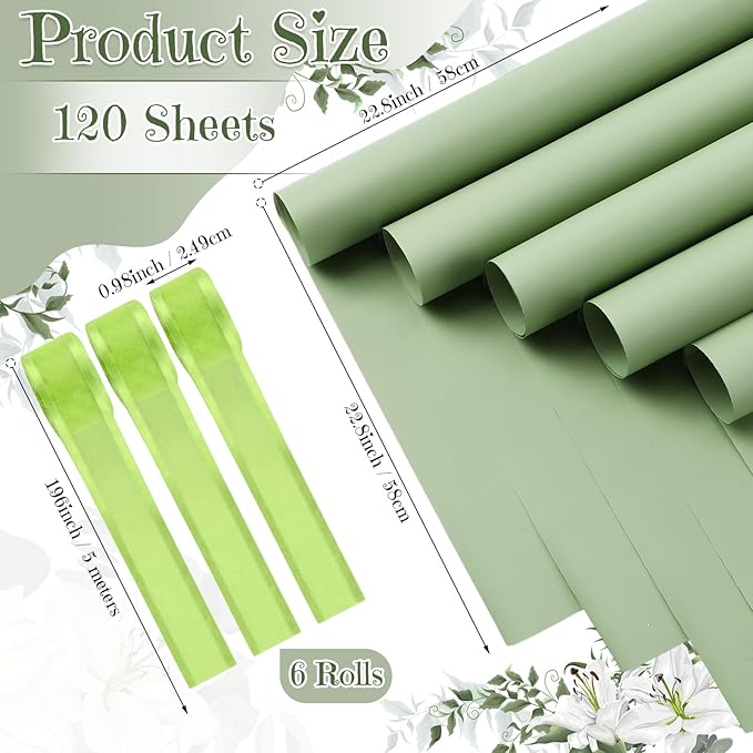 Sabary 120 Sheets Flower Wrapping Paper Bouquet Pure Color Waterproof Floral Packaging Paper with 196 Inch Ribbon Florist Bouquet Supplies for Wedding Birthday DIY, 22.8 x 22.8 Inch (Sea Pine Green)