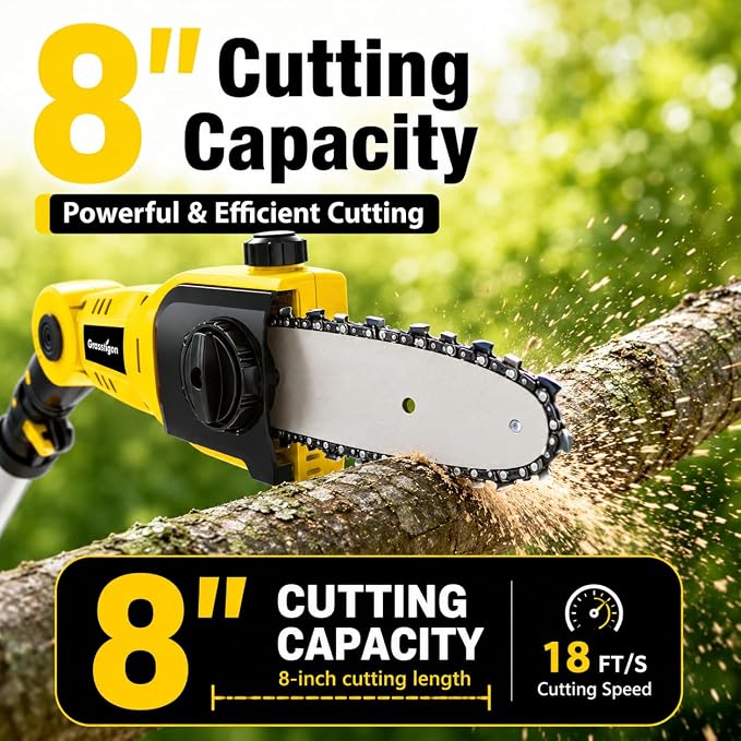Grasstigon 8" Cordless Pole Saw Compatible with Dewalt 20V Battery | Electric Pole Saw Battery Powered, Tool-Free Tensioning, 14 FT Reach Pole Chainsaw for Tree Trimming Wood Cutting Tool Only