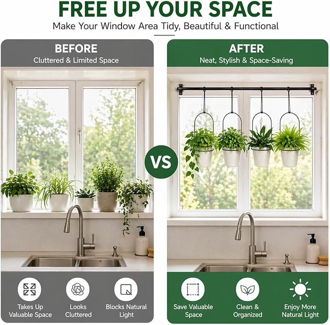 Adjustable Hanging Window Planter with 4 Pots, Space Saving Indoor Herb Garden Plant Hanger, Metal Vertical Plant Rack for Kitchen, Balcony & Home Deco41in-4 Flower pots