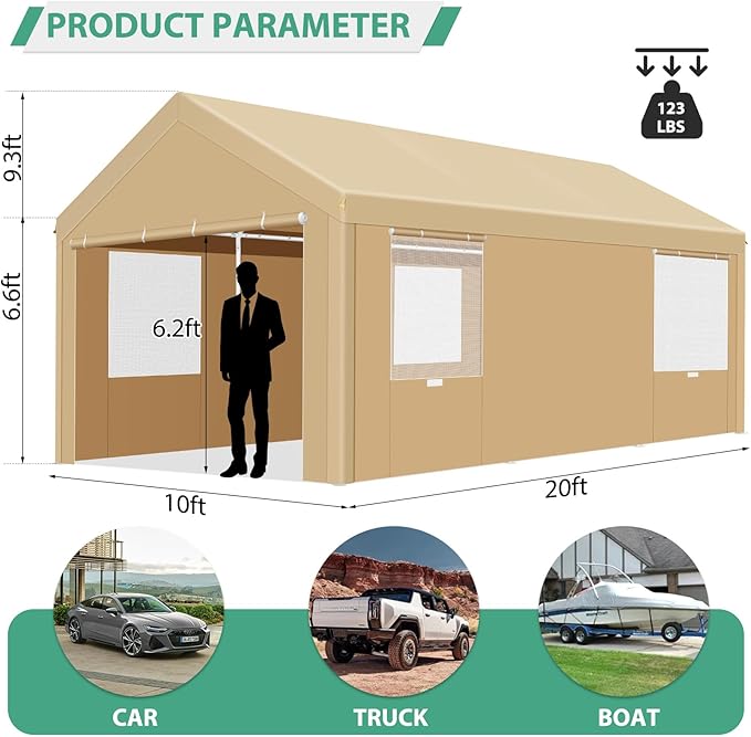 COBIZI Carport 10x20ft Heavy Duty Portable Garage, 2.0 Powder Coated Frame(Better Than Galvanized), Waterproof Shelter with Removable Sidewalls & Windows, Built-in Sandbags, for Car/Boat/SUV, Khaki