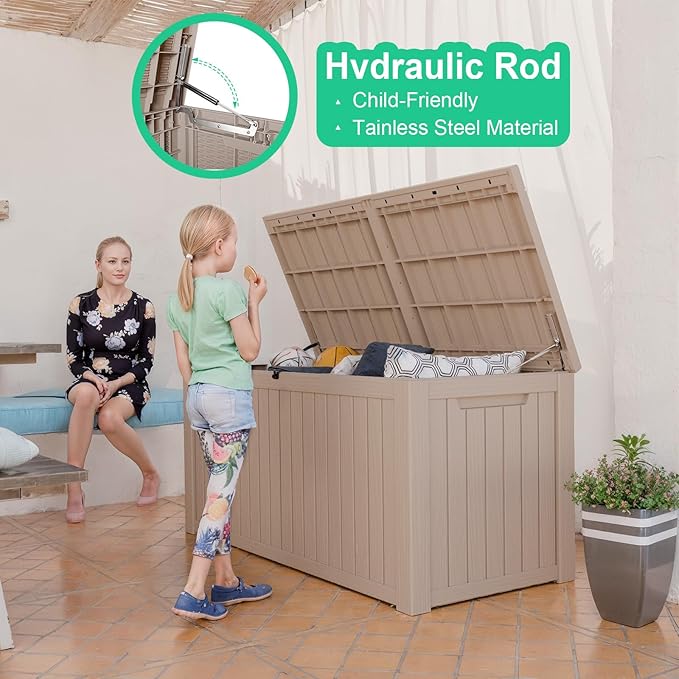 180 Gallon Outdoor Storage Box, Waterproof Resin Deck Box for Patio Cushions & Gardening Tools, Lockable & Durable Outdoor Storage Bin, Stylish Grey Design