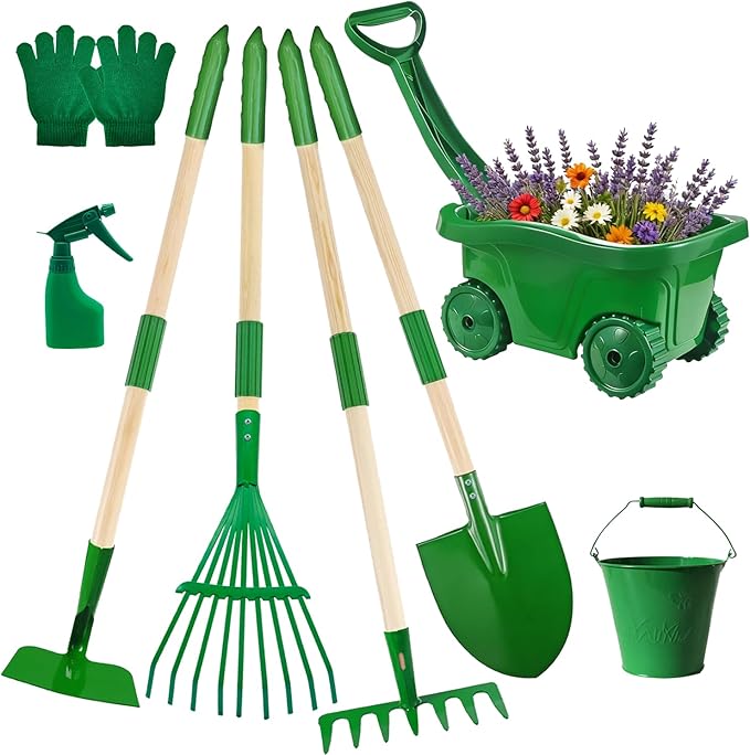 Kids Gardening Tools Set,8pcs Wheelbarrow Set for Kids with Shovel, Rake, Watering Can Outdoor Backyard Farm Digging Toys, Halloween Christmas Birthday Gifts for Boys Girls