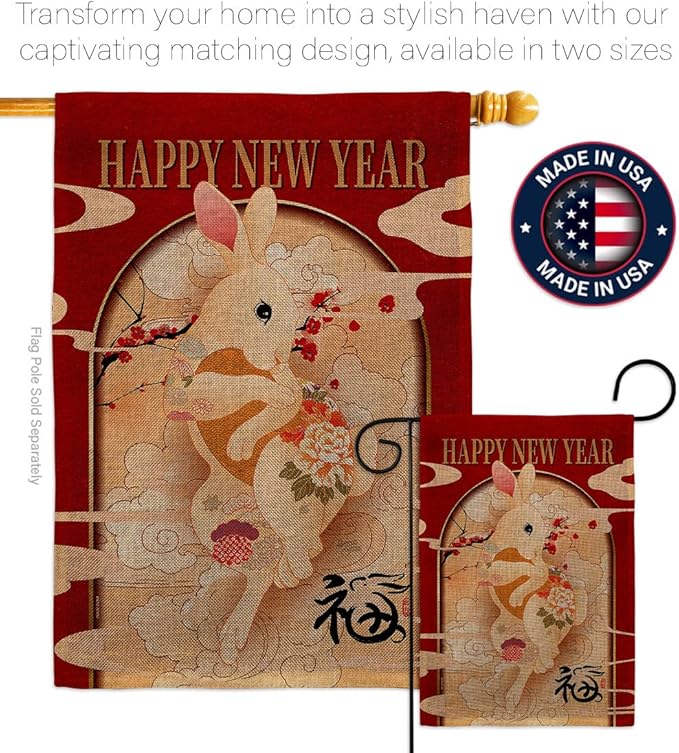 Lunar New Year of Rabbit Wall Tapestry Home Decor Burlap Banner Patio Porch Lawn Garden Flag Pole Room Decorations Indoor Outdoor Yard Sign Spring Gifts Prosperous Chinese Decoration Made in USA