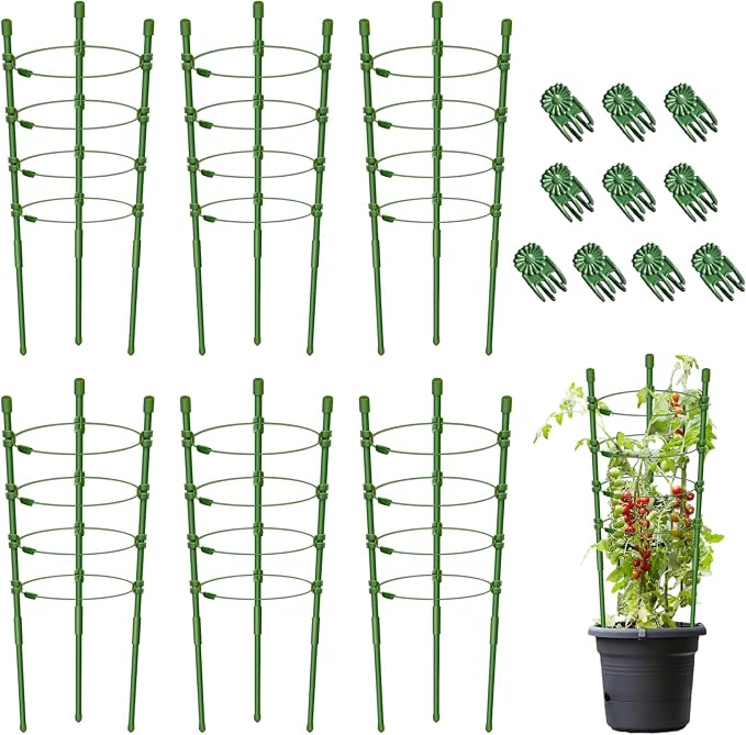 Legigo 6 Pack 24 Inch Plant Support Cages Tomato Cage for Garden- Plant Cages Adjustable Rings, Tomato Plant Support Stakes Trellis for Pots, Peppers, Cucumbers and Flowers with 10 Plant Clips