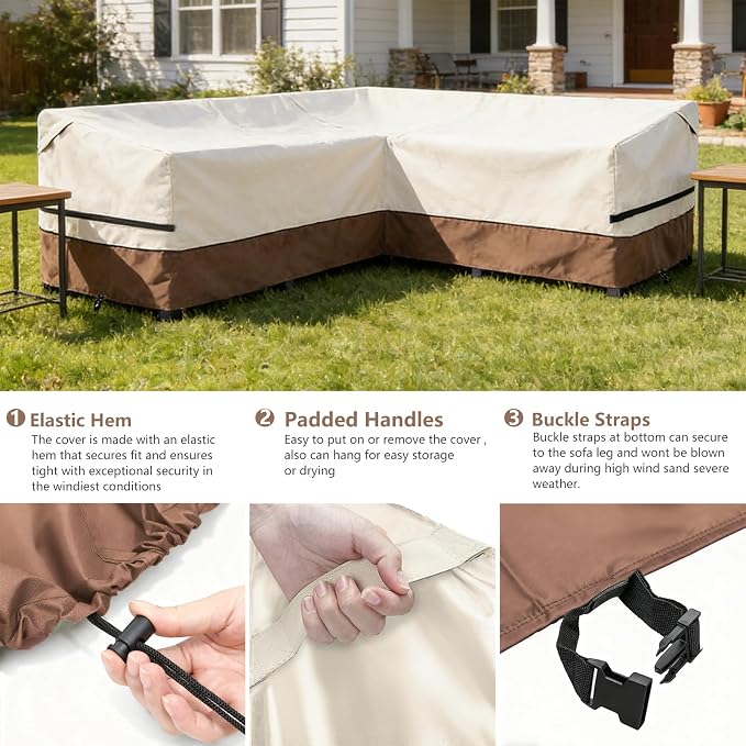 okcool Outdoor Sectional Cover,L-Shaped Patio Furniture Covers for 4-Seater Outdoor Sectional Furniture Couch 85”W (Back Length) x 58”W (Right Side),Beige & Brown