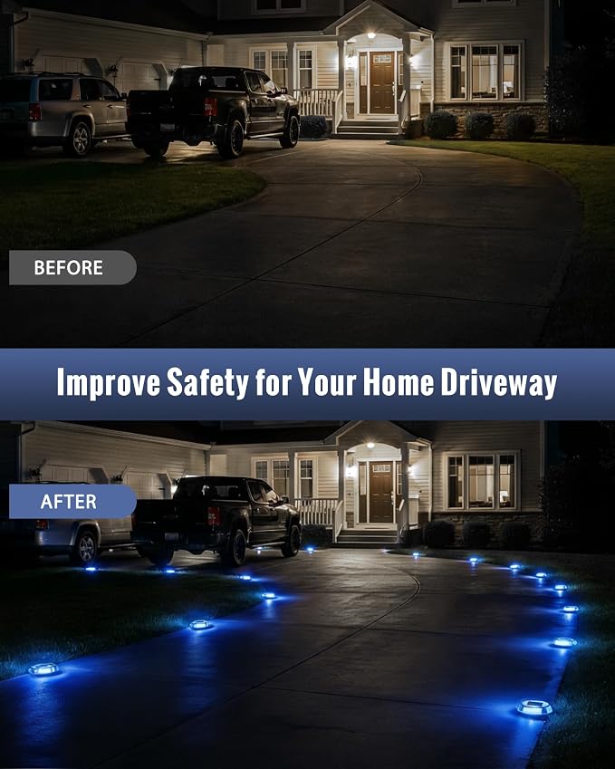Solar Driveway Lights Dock Lights Waterproof 12 Pack, 2 Colors in 1 Outdoor LED Solar Deck Lights, Solar Powered Walk Way Light Road Marker for Warning Stair Pathway Patio(Blue & White)
