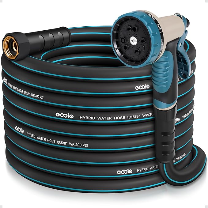 Heavy Duty Garden Hose 50 ft, NON-EXPANDABLE Water Hose with 10 Function Spray Nozzle, Lightweight Kink-less Hybrid Hose with Swivel Handle, Male to Female Fittings
