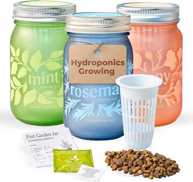 Modern Sprout Mason Garden Jar - Self-Watering Hydroponics Growing System Kit with Organic Herb Seeds - Jar Planter for Indoor Herb Garden - Seed Starter Kit Mint+Rosemary+Poppy