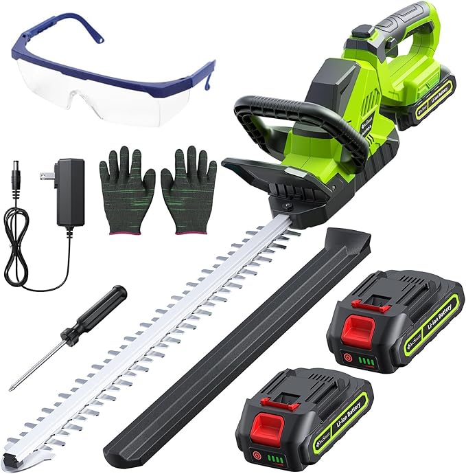 20'' Hedge Trimmer Cordless with Battery, 3000RPM Electric Handheld Bush Clipper with 2pcs 2000mAh Rechargeable Batteries, 180° Rotatable Head, 2/3'' Blade Gap Green, Gardening Gifts for Mother's Day