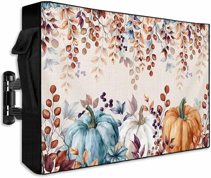 Outdoor TV Cover for Outside Flat Screen,Retro Autumn Pumpkin Eucalyptus Leaves,600D Thick Waterproof Weatherproof Outdoor TV Screen Protector with Zipper for 52 to 55 Inch Flat Screens
