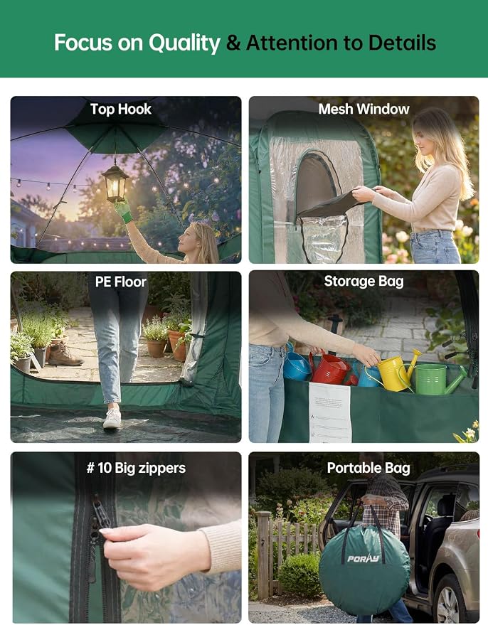 Porayhut Pop up Greenhouse Tent,Portable Large Walk-in Plant House 10’X10’ ,Indoor Outdoor Gardening Plant Sunshine Room with PVC Mesh Cloth Cover for Protecting Plant from Cold Frost & Birds