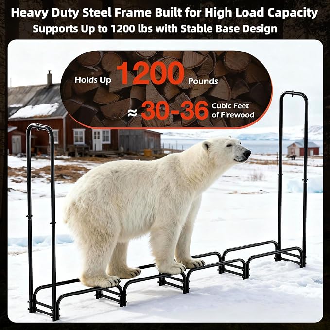 8FT Firewood Rack with Cover Outdoor, Heavy Duty Wood Storage Rack with 600D Oxford Waterproof Adjustable Cover for Fireplace, Patio, Deck, 1/2 Cord Log Holder with Firewood Carry Bag