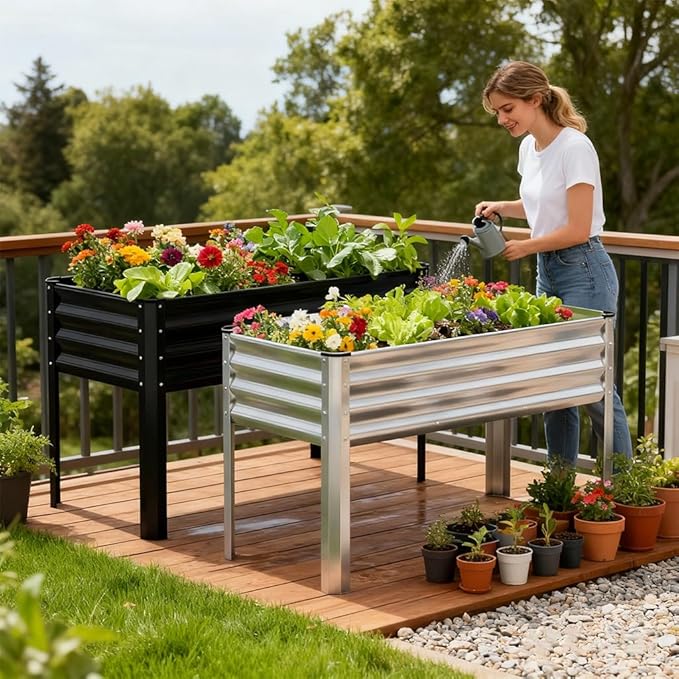 COMHOMA 2 Pack Raised Garden Bed with Legs 4x2x2.5ft,Large Elevated Galvanized Metal Planter Box with Drainage Holes,Outdoor Growing Kit with Gloves Tools for Backyard Patio Lawn,Black